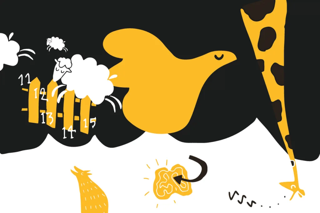 Abstrakt illustration med en gul fågel som flyger, ett får som hoppar över numrerade staket, en giraffhals, en upprullad hjärna och enkla linjeaccenter på en svartvit bakgrund.