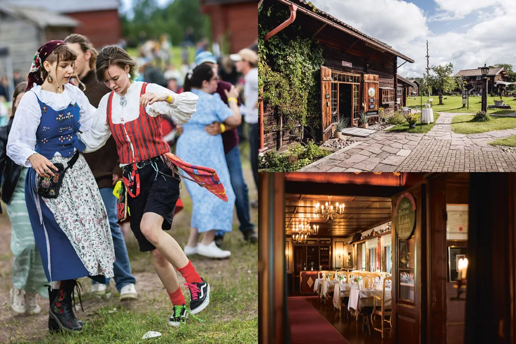 Ett collage med människor som dansar i traditionella svenska folkdräkter utomhus, en rustik träbyggnad med en trädgårdsgång och en elegant matsal med bord och ljuskronor.