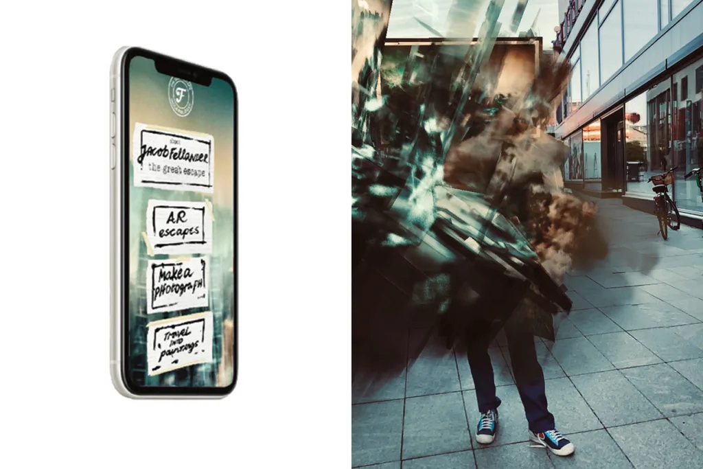 Till vänster visar en smartphone en meny med märkta knappar; till höger står en person på en gata i en stad, delvis skymd av en abstrakt, digital explosionseffekt.