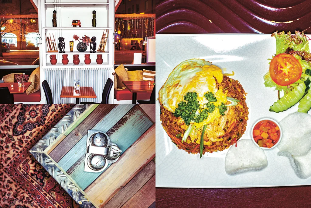 Collage av fyra bilder: en restaurangmatsal med röda accenter, en tallrik ris med ägg och grönsaker, en mönstrad matta och ett rustikt träbord med en salt- och pepparkvarn.