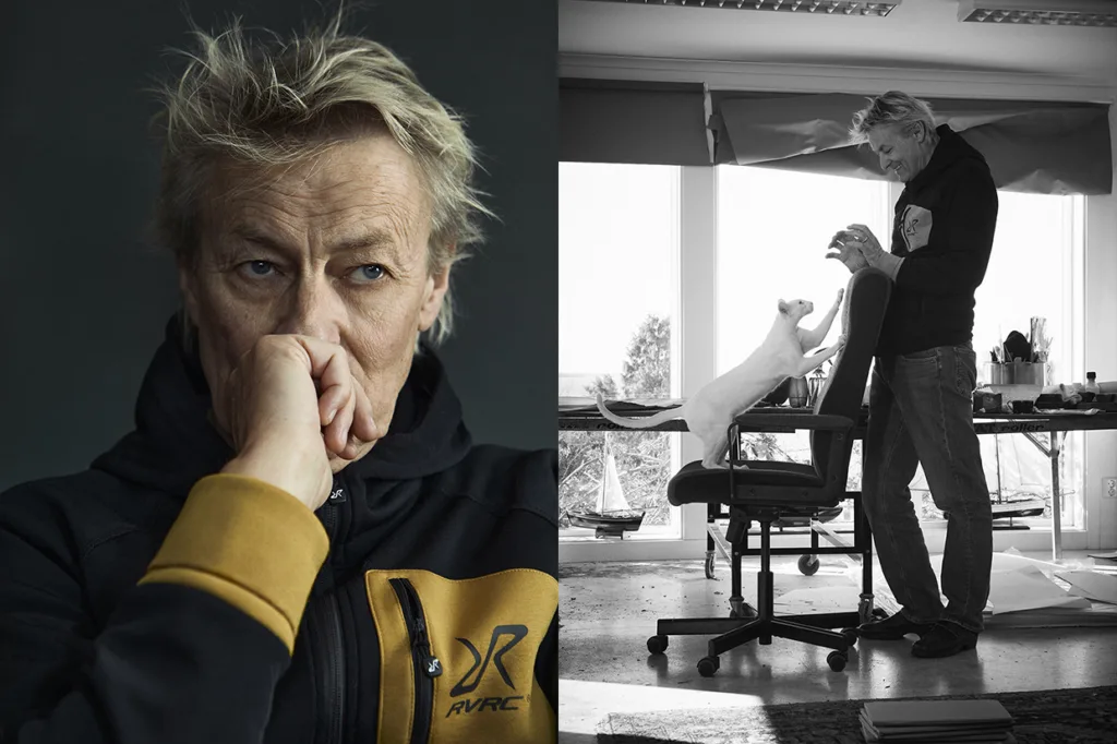 En delad bild: vänster sida visar en eftertänksam Lars Lerin, med rufsigt hår, som vilar hakan på handen; höger sida visar honom i lekfullt samspel med en katt som står på en stol i ett ljust, rörigt rum.