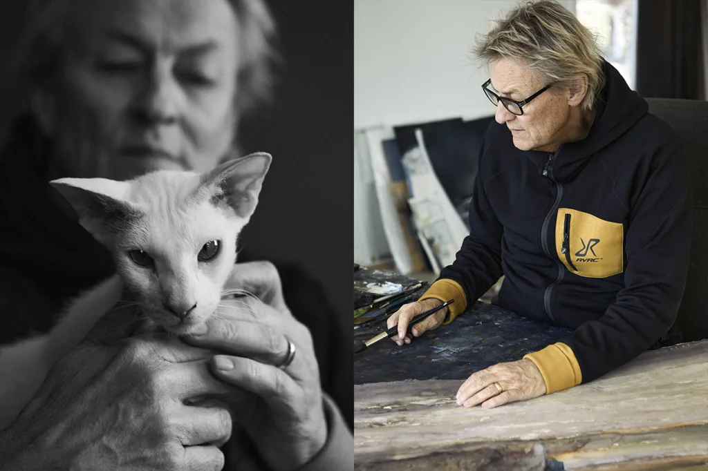 Delad bild: Vänster sida visar Lars Lerin som håller en siamesisk katt nära sig, båda i svartvitt. Höger sida visar Lars Lerin i glasögon och huvtröja, som målar vid ett skrivbord fyllt med konsttillbehör.