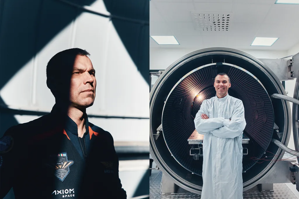 Delad bild: Till vänster står Marcus Wandt i mörk jacka med uppdragslappar i solljus och skugga. Till höger står Marcus Wandt i vit labbrock och ler framför stor vetenskaplig utrustning i ett labb.