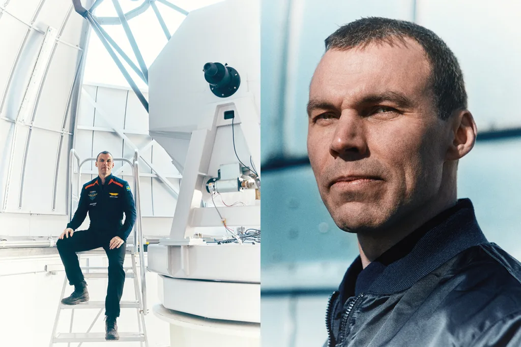 Delad bild: Till vänster Marcus Wandt i en mörk jumpsuit med färgade ränder på en stege i ett vitt observatorium bredvid ett stort teleskop. Till höger, en närbild av Marcus Wandts ansikte, med kort hår, i starkt naturligt ljus.