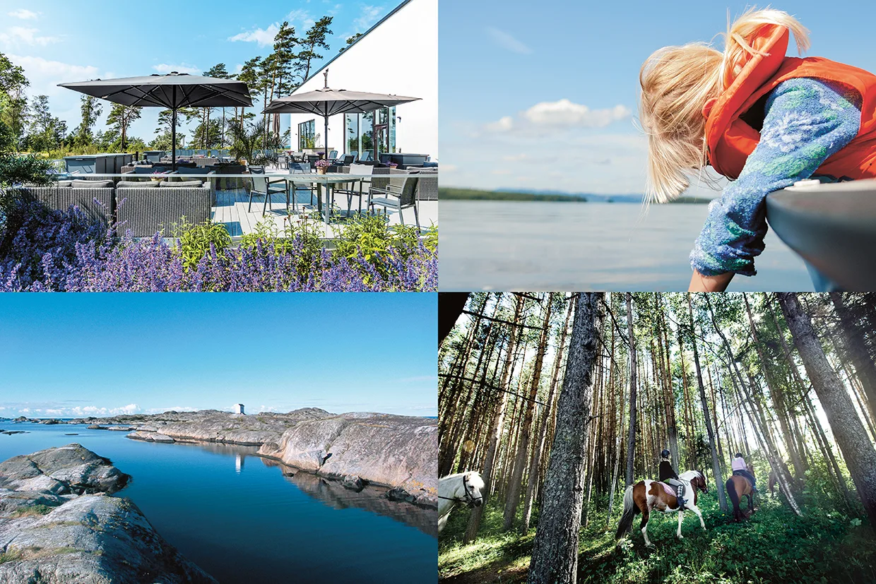 Ett collage av fyra bilder: en solig uteplats med bord och parasoller, ett barn i flytväst som rör vid vatten från en båt, ett stenigt kustlandskap och människor som rider genom en solbelyst skog.