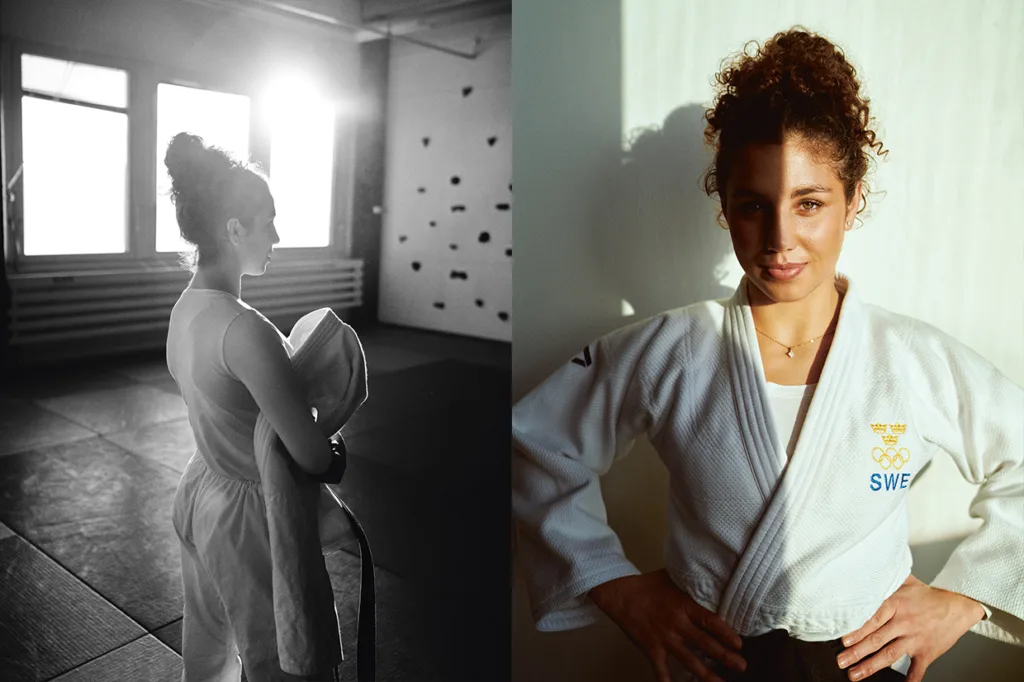 Delad bild: Till vänster håller Tara Babulfath i judodräkt i sitt bälte och sin jacka i ett solbelyst gym. Till höger står hon självsäkert i en vit judogi med SWE och olympiska ringar broderade på den.