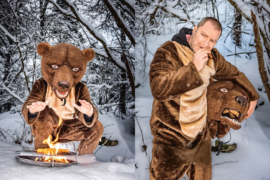 Delad bild: Till vänster hukar Magnus Krepper i björndräkt vid en liten lägereld i en snöig skog. Till höger biter Magnus Krepper, delvis utan dräkt, i en bit mat och håller björnhuvudet under ena armen.