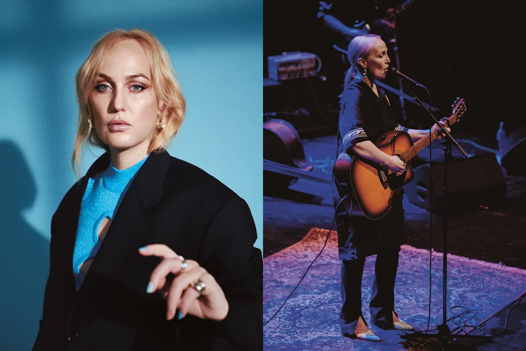 Bilder sida vid sida: till vänster poserar en blond kvinna i svart kavaj mot en blå bakgrund; till höger spelar hon akustisk gitarr och sjunger på scenen under strålkastarljus.