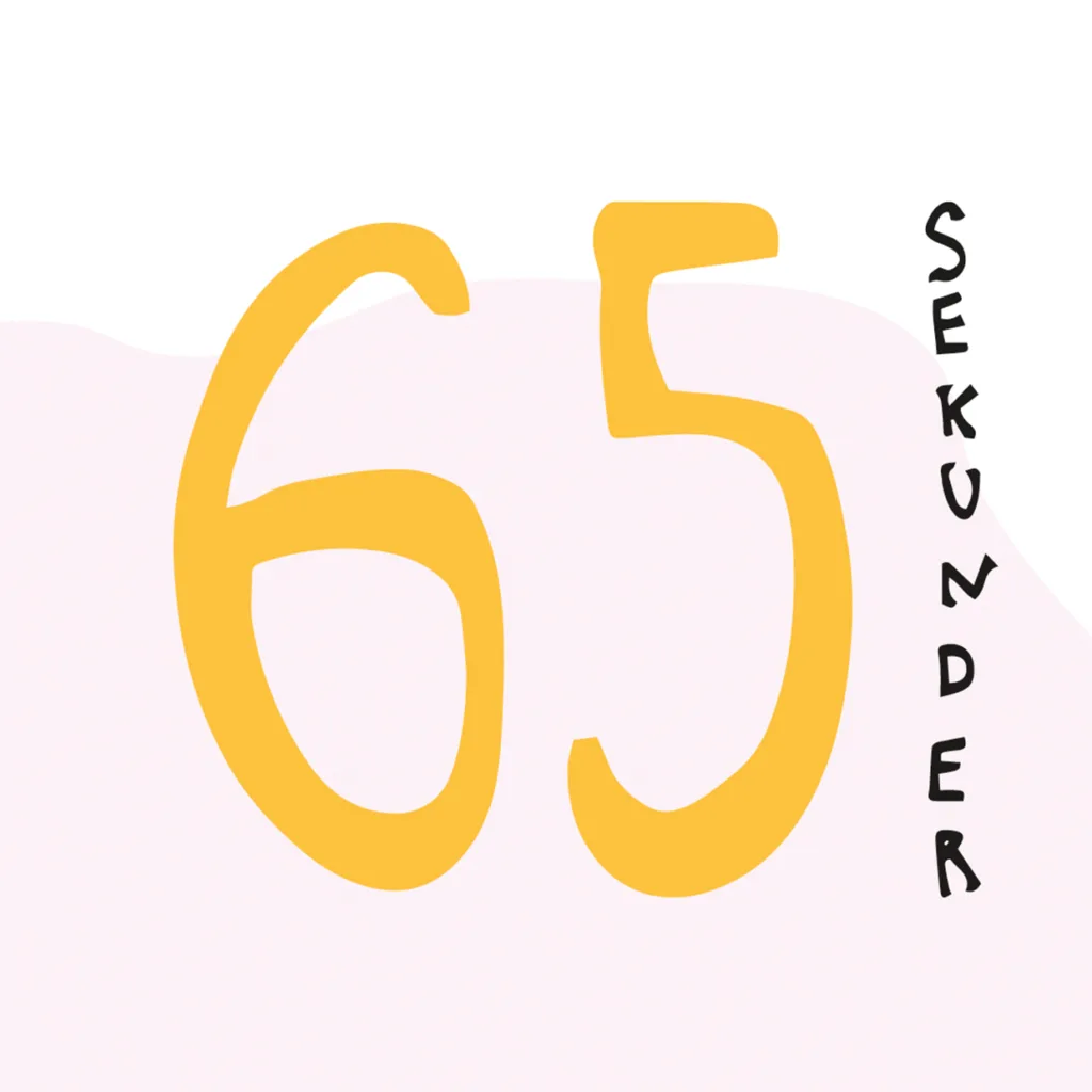 Bilden visar siffran 65 i stor, gul text med ordet sekunder skrivet vertikalt i svart, allt på en vit och ljusrosa bakgrund.