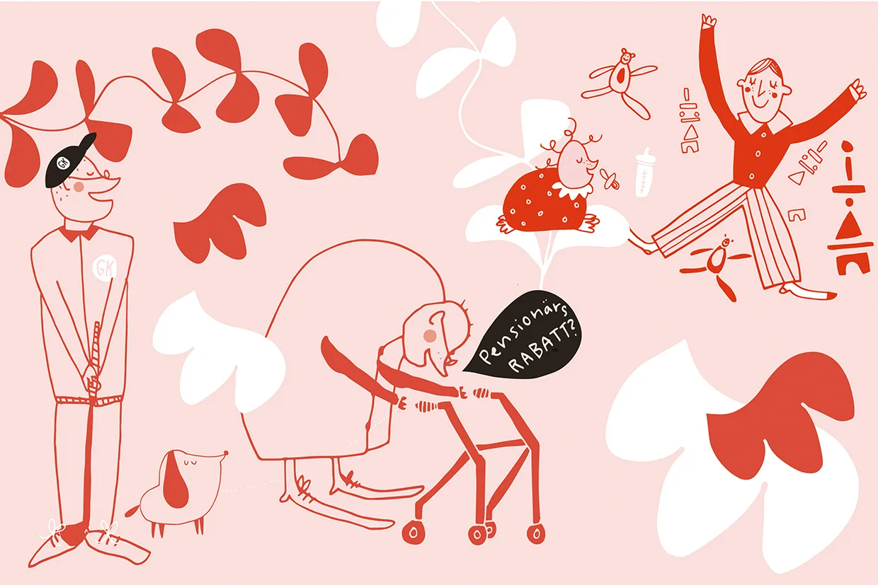 Finurlig illustration med abstrakta röda och vita växter, en person med mask, en hund, två äldre personer med rullator, en bebis på golvet och en dansande person. I en pratbubbla står det Pensionärs RABATT?.