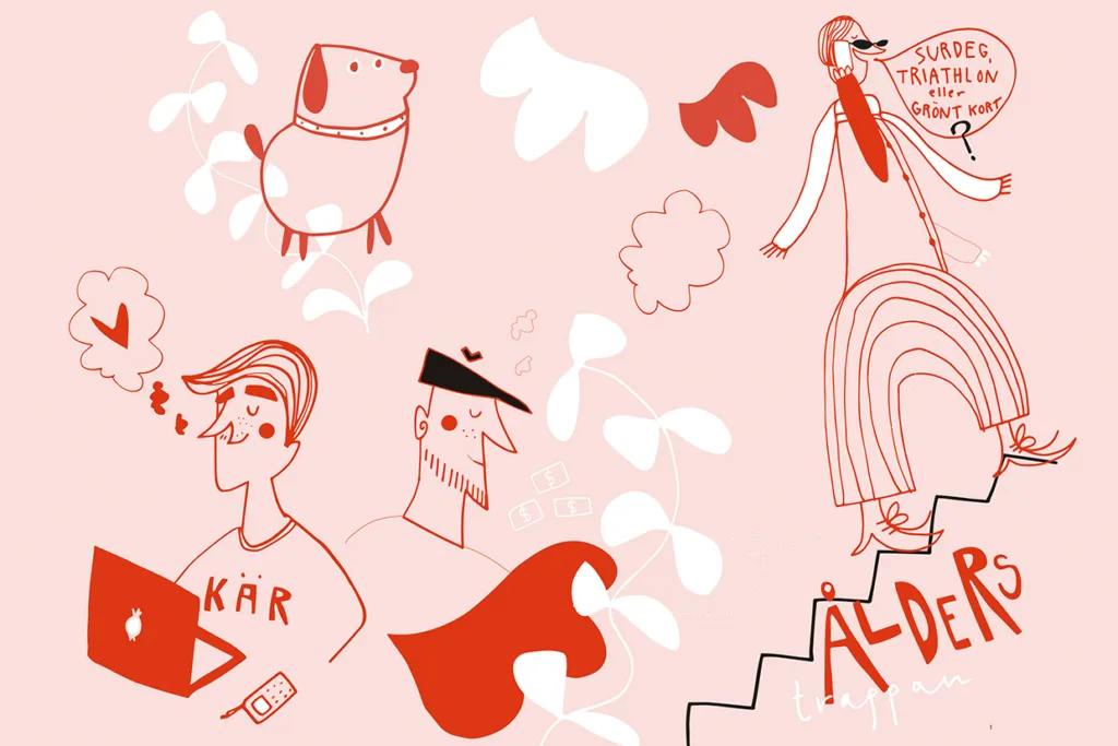Lekfull illustration i röda och rosa toner med abstrakta människor, en hund, växter, svävande former och svensk text. En person arbetar på en laptop, en annan står på en trappa märkt ÅLDERSTRAPPAN.
