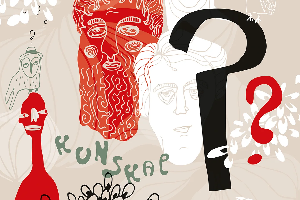 Abstrakt illustration med stiliserade ansikten, ett stort svart frågetecken, ett rött frågetecken, en uggla och ordet kunskap bland organiska former och linjer på en beige bakgrund.
