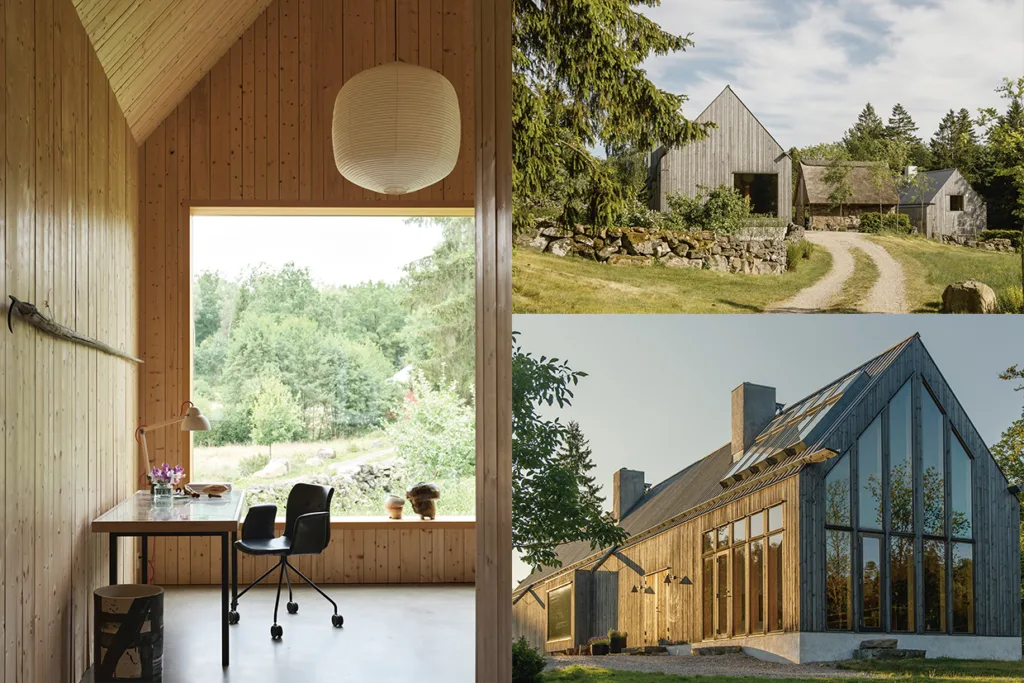 Ett collage av tre bilder: en ljus träinteriör med ett skrivbord och en stol vid ett stort fönster, och två exteriörvyer av moderna hus med sadeltak i ett grönskande landskap.
