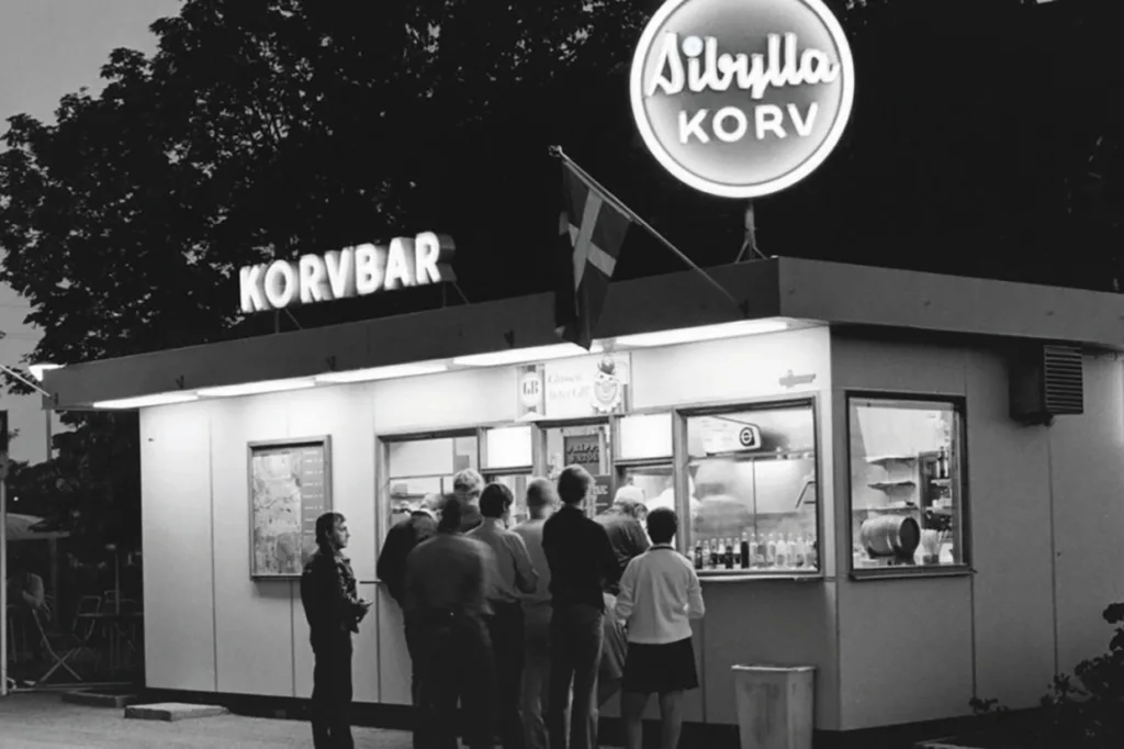 En grupp människor står i kö vid en liten, upplyst korvkiosk vid Korvbar och Sibylla Korv med en svensk flagga på displayen, fotograferad i svartvitt i skymningen.