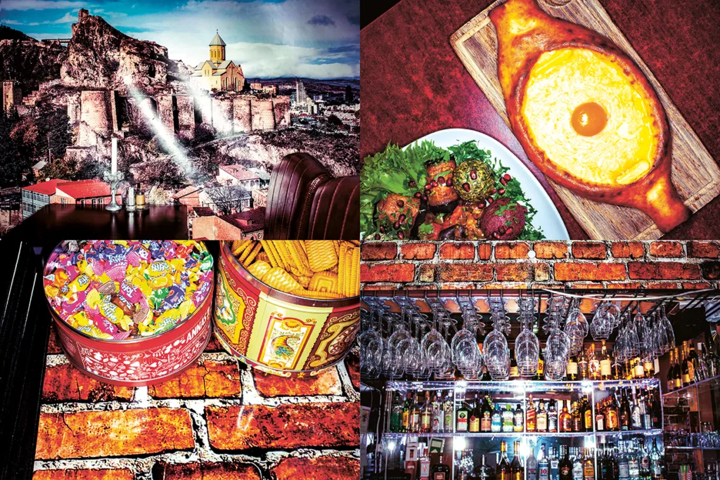 Ett collage med fyra bilder: en historisk stadsbild, ett ostfyllt bröd och kebab, färgglada godisbitar i burkar och en bar med glas och spritflaskor på tegelhyllor.