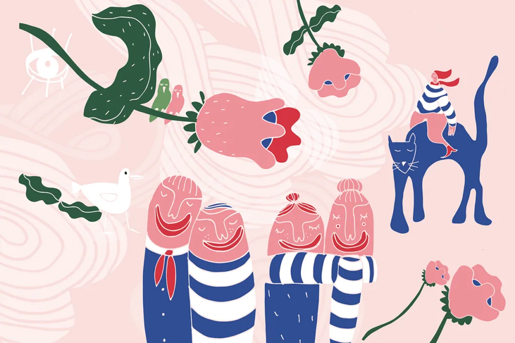 Färgglad illustration av tre personer i randiga skjortor, en blå katt med en liten person som rider på den, rosa blommor, gröna blad, en vit fågel och abstrakta virvlande linjer på en ljusrosa bakgrund.