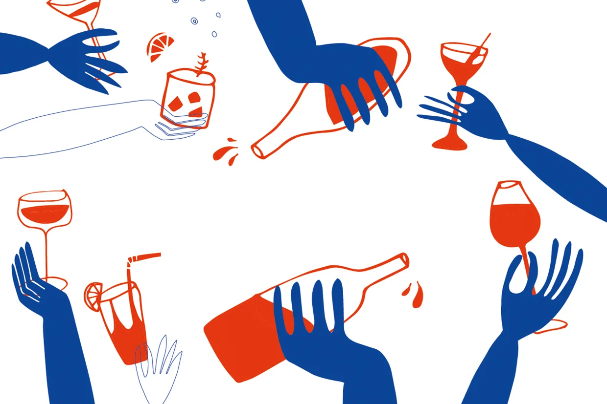 Illustration av blå och röda händer som håller i och häller upp olika drycker, inklusive vin, cocktails och läsk, mot en vit bakgrund, med utrymme i mitten.