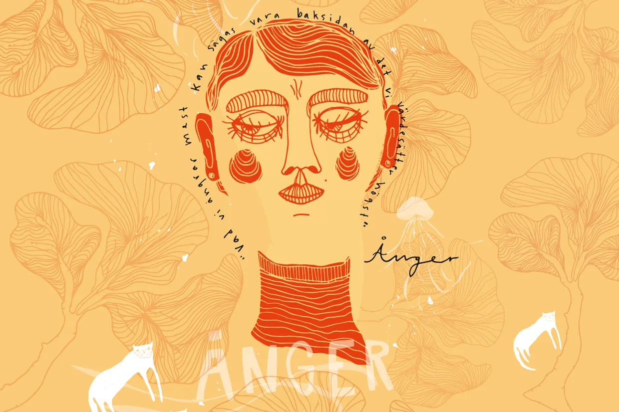 Abstrakt illustration av en person med ett dystert uttryck i varma toner, omgiven av bladmönster, handskriven text och ordet "ANGER" i feta bokstäver längst ner.
