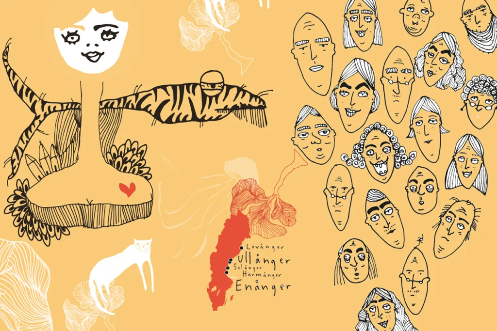 Finurlig illustration med en leende kvinna och en tiger till vänster, omgiven av abstrakta ansikten till höger, en karta med stadsnamn och en vit katt längst ner till vänster, allt på en gul bakgrund.