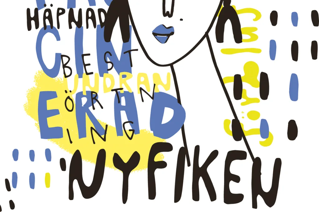 Abstrakt illustration av ett ansikte med blå läppar, omgivet av svenska ord i svart, blå och gul text, bl.a. "Häpnad", "Best", "Undran", "Erkänd" och "Nyfiken".