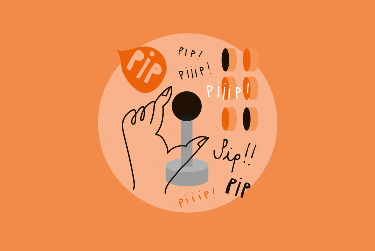 Illustration av en hand som håller i ett styrreglage, omgiven av lekfulla textvariationer av pip i olika typsnitt och storlekar, på en orange bakgrund.