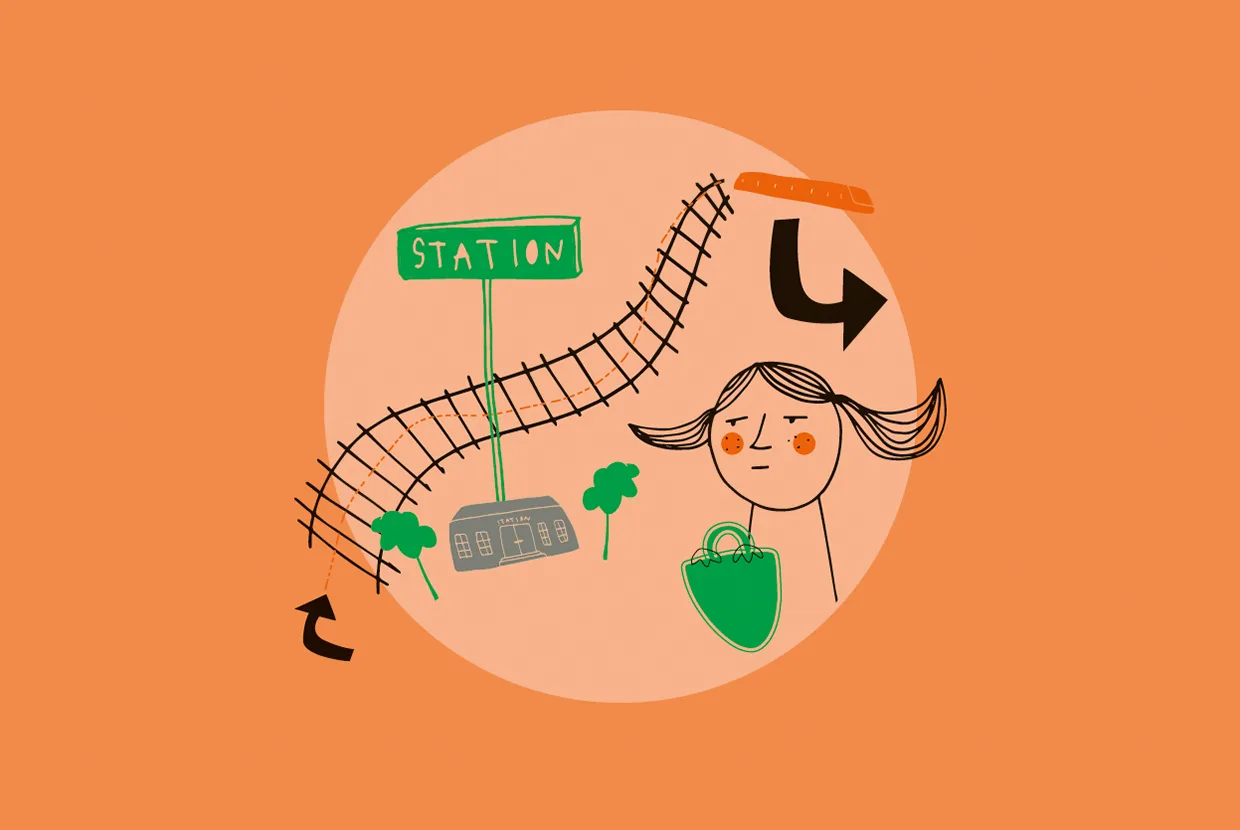 Illustration av en flicka med flätor som håller i en grön väska och står nära ett kurvigt tågspår, en skylt med texten Station, små träd och riktningspilar, allt mot en orange bakgrund.