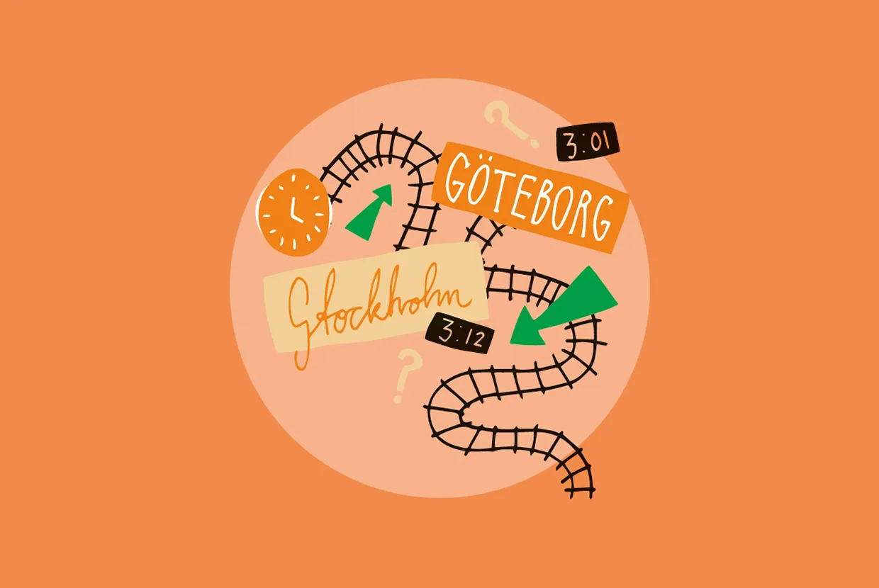 En illustration med järnvägsspår, skyltar till Göteborg och Stockholm, två klockor som visar 3:01 och 3:12, gröna pilar och frågetecken, allt på en orange bakgrund.