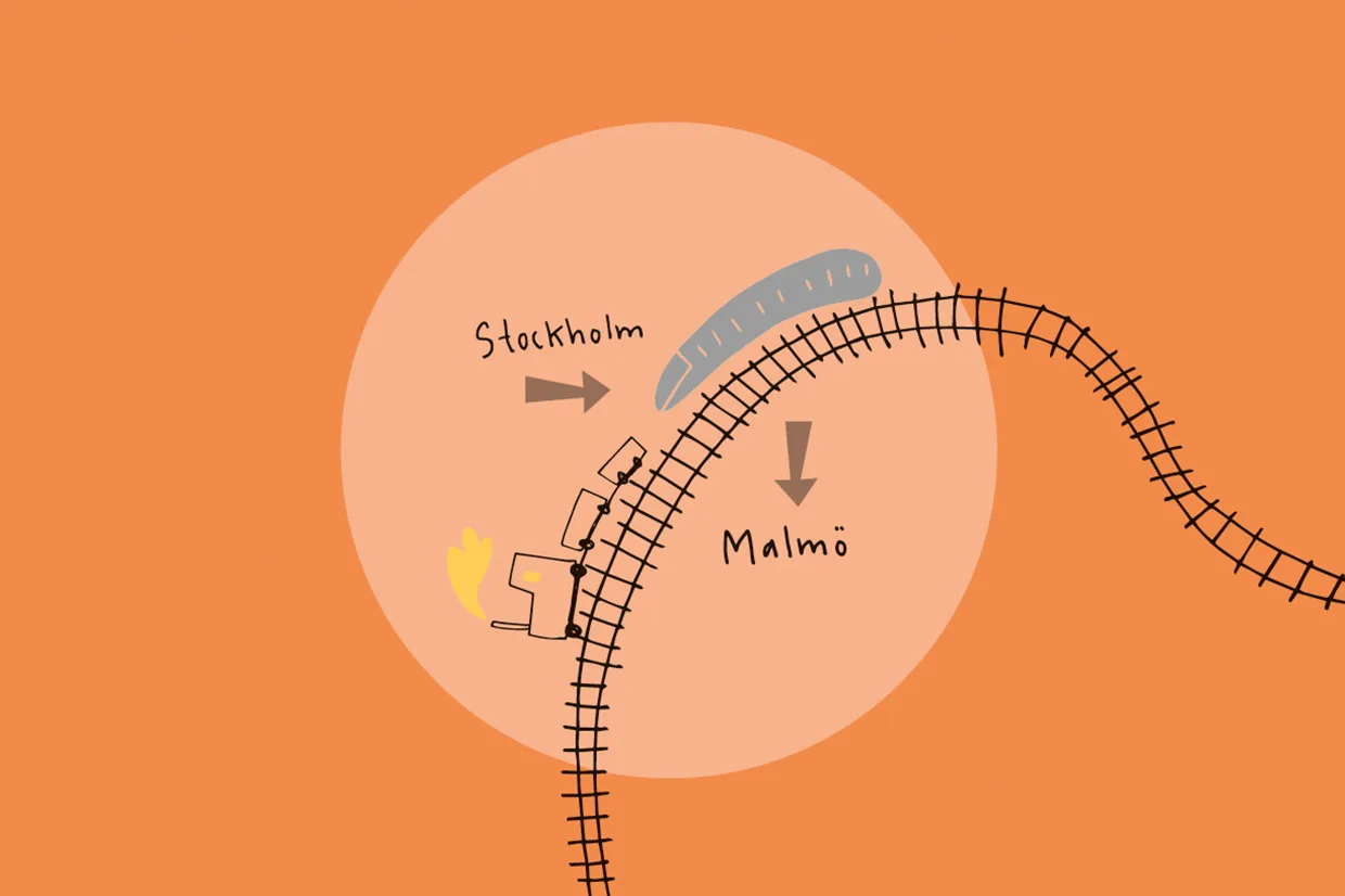 Illustration av ett tåg som delar sig på två spår, det ena leder till Stockholm och det andra till Malmö, med pilar som pekar mot respektive destination på en orange bakgrund.