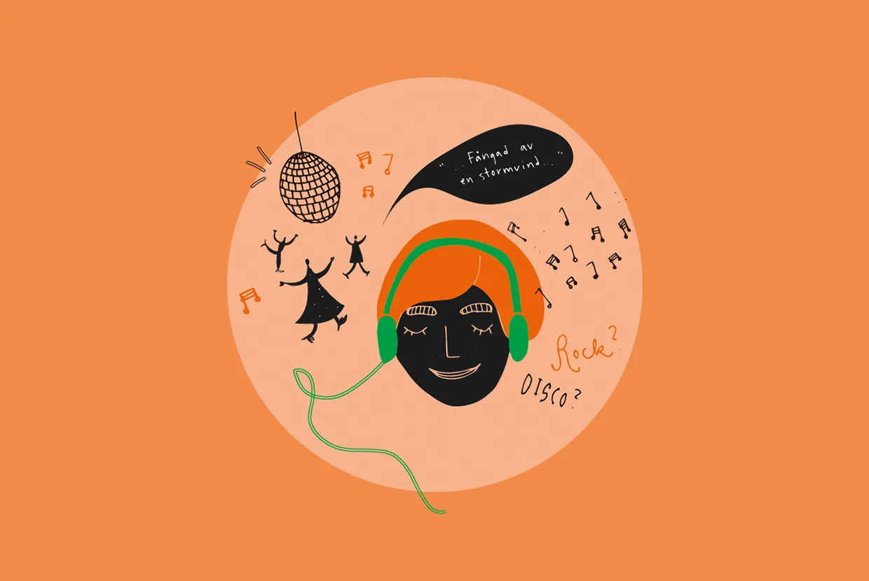 Illustration av en leende person med orange hår och gröna hörlurar, omgiven av musiknoter, dansande figurer, en discokula och orden "Rock?", "Disco?" och "Fängad av en stormvind..." på en orange bakgrund.