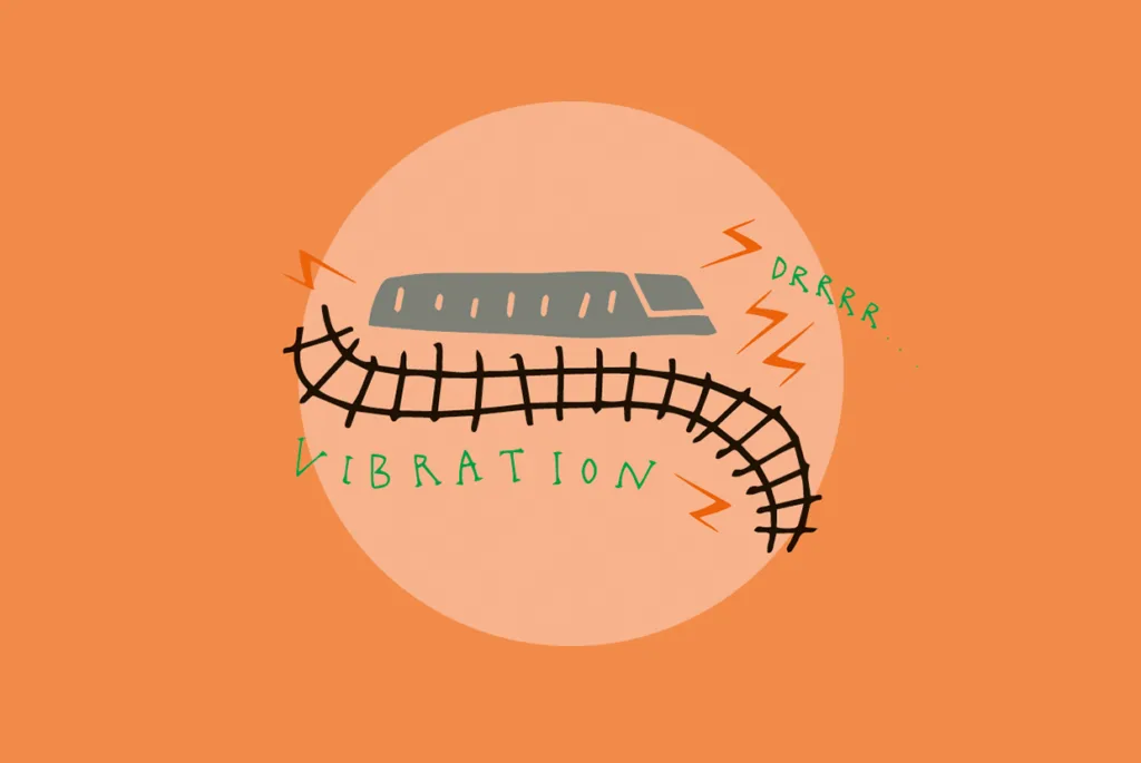 Illustration av ett tåg på ett vågigt, vibrerande spår med orange sicksacklinjer, ordet VIBRATION och DRRRR för att indikera ljud och rörelse, mot en orange bakgrund.