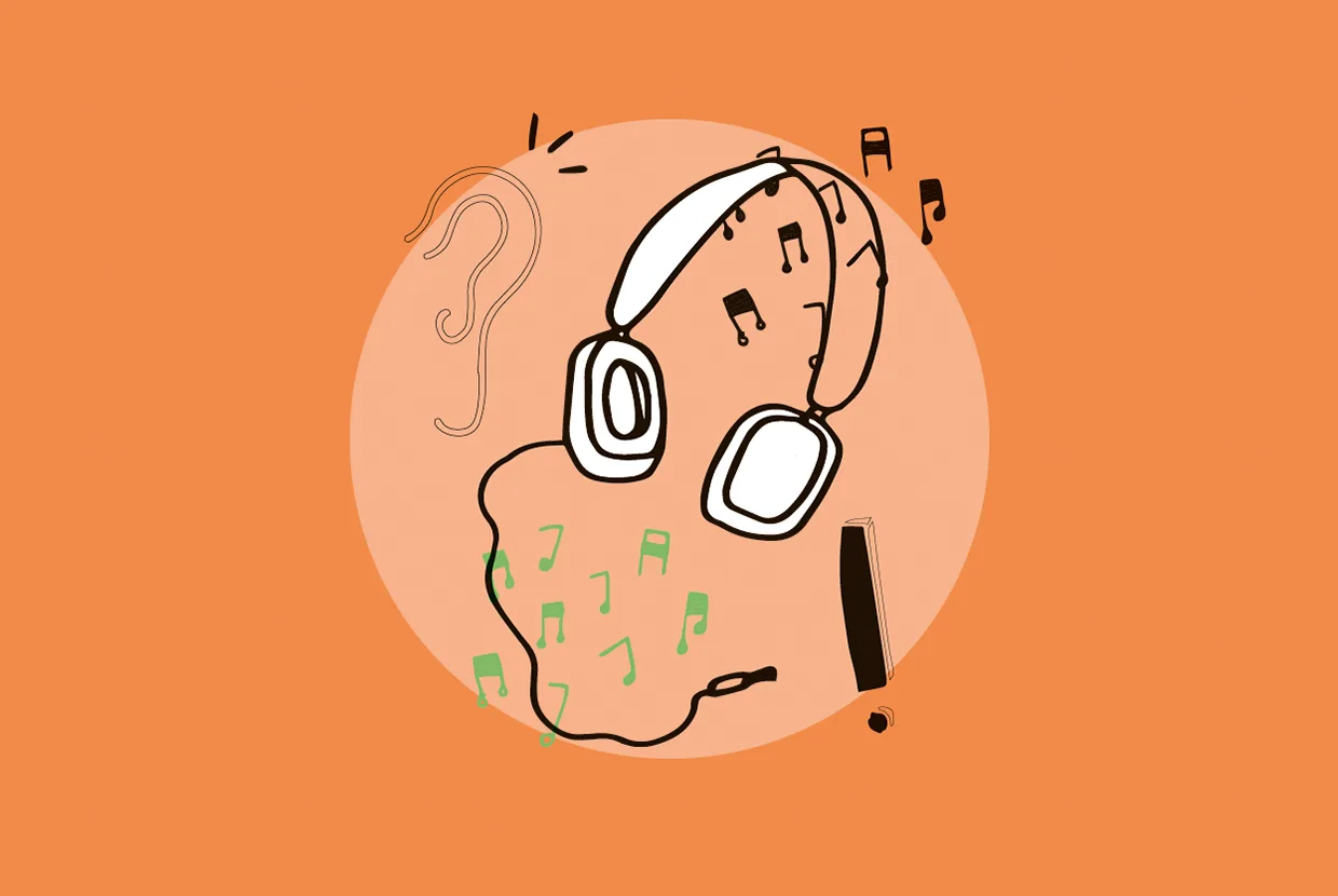 Illustration av hörlurar, ett mänskligt öra och färgglada musiknoter mot en orange bakgrund, med svarta och gröna noter som flyter omkring, vilket symboliserar att lyssna på musik.