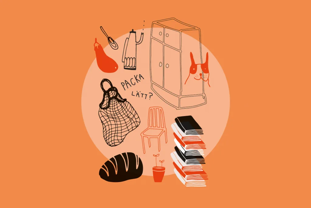 Illustration av olika hushållsartiklar, bland annat en garderob, stol, bokhög, nätpåse, brödlimpa, krukväxt, soppsked, kökshandduk och en hund, med texten PACKA LÄTT? i mitten.