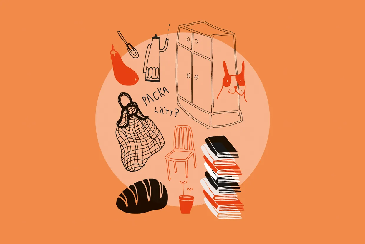 Illustration av olika hushållsartiklar, bland annat en garderob, stol, bokhög, nätpåse, brödlimpa, krukväxt, soppsked, kökshandduk och en hund, med texten PACKA LÄTT? i mitten.