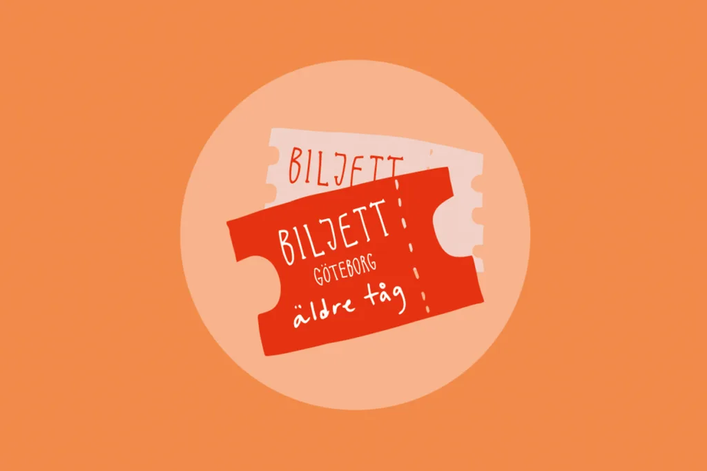 Två illustrerade tågbiljetter, en röd och en vit, med handskriven svensk text BILJETT GÖTEBORG äldre tåg, mot en ljus cirkel på orange bakgrund.