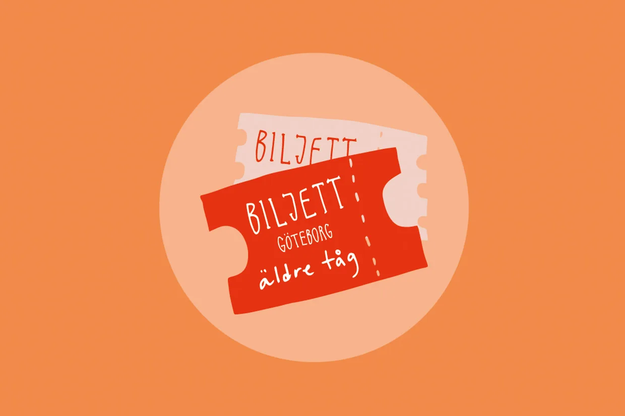 Två illustrerade tågbiljetter, en röd och en vit, med handskriven svensk text BILJETT GÖTEBORG äldre tåg, mot en ljus cirkel på orange bakgrund.