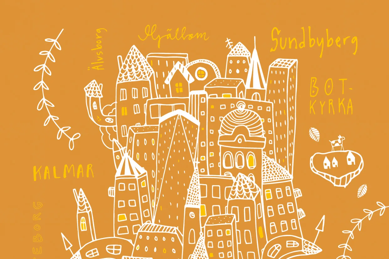 En finurlig, handritad stadsbild med vita linjer på orange bakgrund med olika byggnader och hus. Runtomkring staden finns namnen på svenska städer: Älvsborg, Hjällbo, Sundbyberg, Botkyrka och Kalmar.