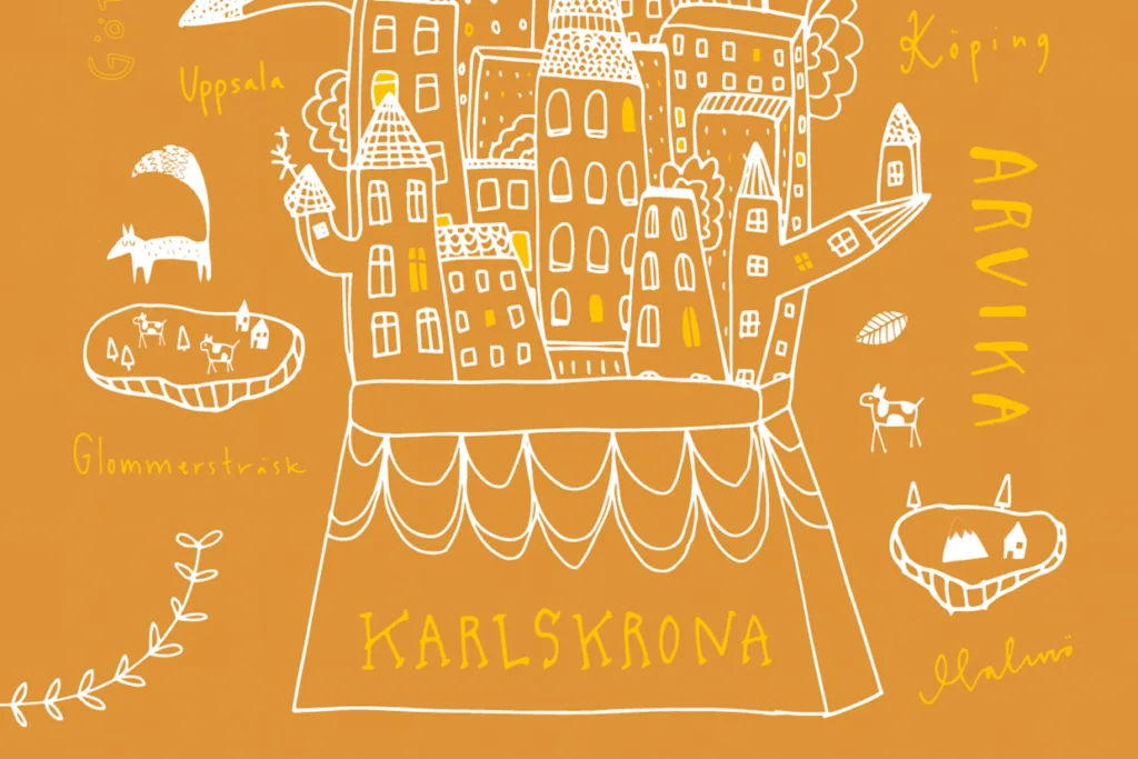 Finurlig linjeteckning av en stadsbild märkt KARLSKRONA på orange bakgrund, omgiven av små skisser av djur, träd och ortsnamn som Uppsala, Köping, Arvika, Glommersträsk och Malung.