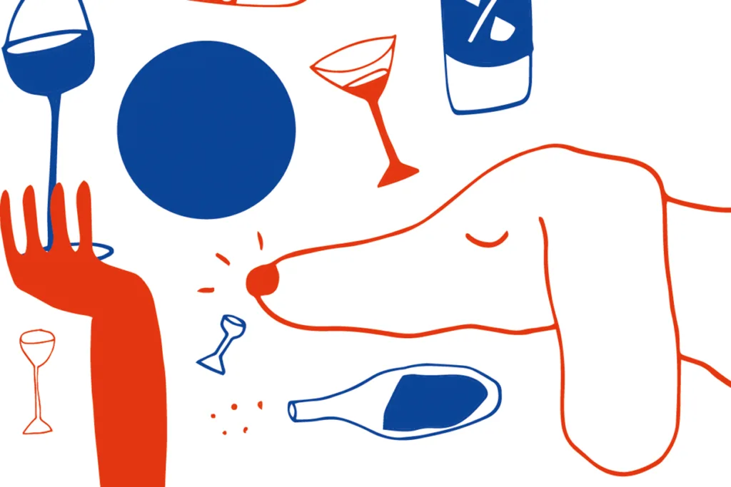 Minimalistisk illustration av en hund som sniffar på ett vinglas, omgiven av röda och blå konturer av händer, vinglas, flaskor och abstrakta former på en vit bakgrund.
