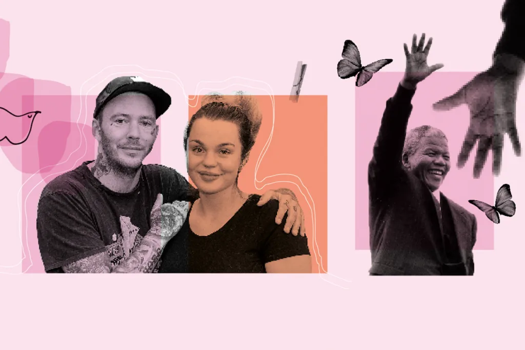 Till vänster syns en man i keps med armen om en kvinna, båda ler; till höger vinkar en äldre man i kostym, med fjärilar och abstrakta pastellformer i bakgrunden.