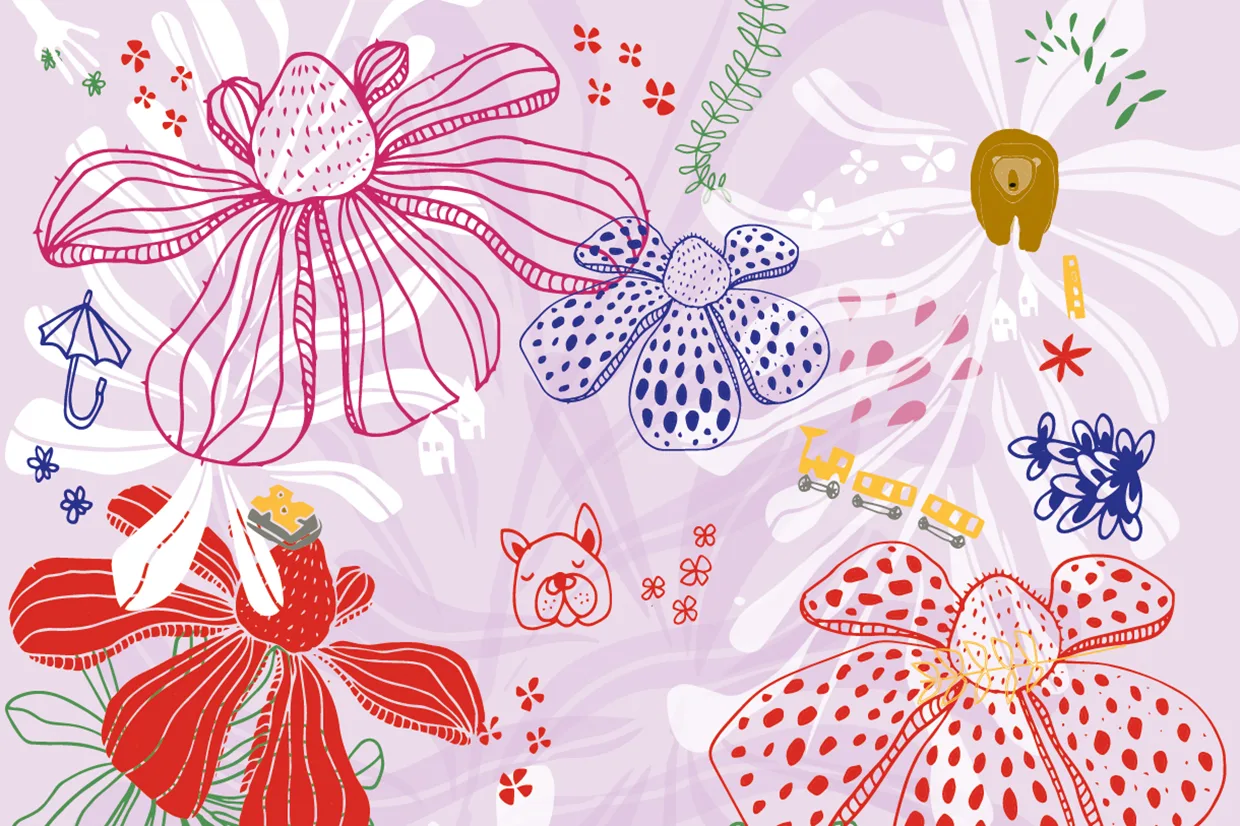 Finurlig illustration med stora röda och lila blommor, små djurklotter med en björn och en hund, ett leksakståg, ett paraply och spridda tassavtryck på en ljuslila bakgrund.