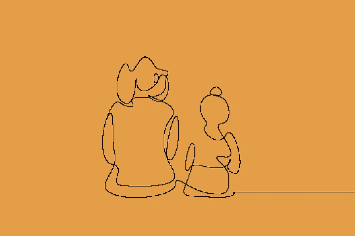 Minimalistisk linjeteckning av en person och en hund som sitter sida vid sida, sedda bakifrån, på en orange bakgrund. Figurerna är konturerade med en enda sammanhängande svart linje.