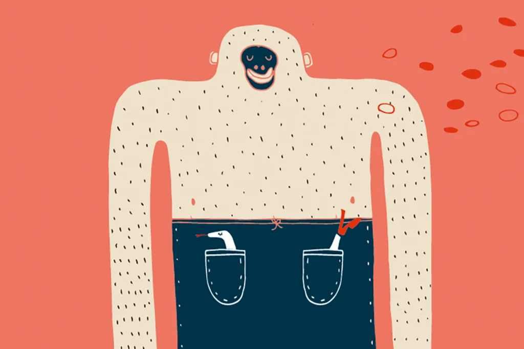 En finurlig illustration av en leende figur med runt huvud och hårig överkropp, klädd i mörkblå byxor med två framfickor. Röda former svävar runt figuren på en korallfärgad bakgrund.