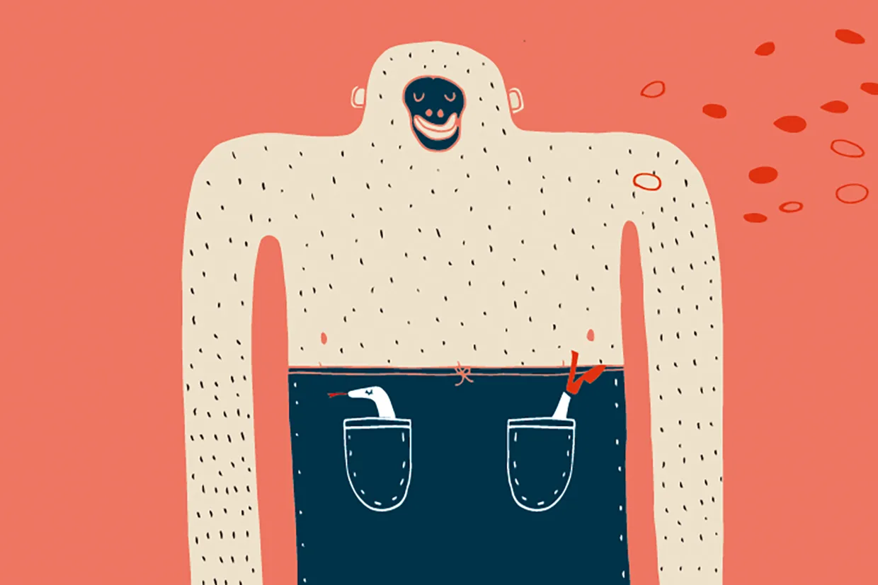 En finurlig illustration av en leende figur med runt huvud och hårig överkropp, klädd i mörkblå byxor med två framfickor. Röda former svävar runt figuren på en korallfärgad bakgrund.