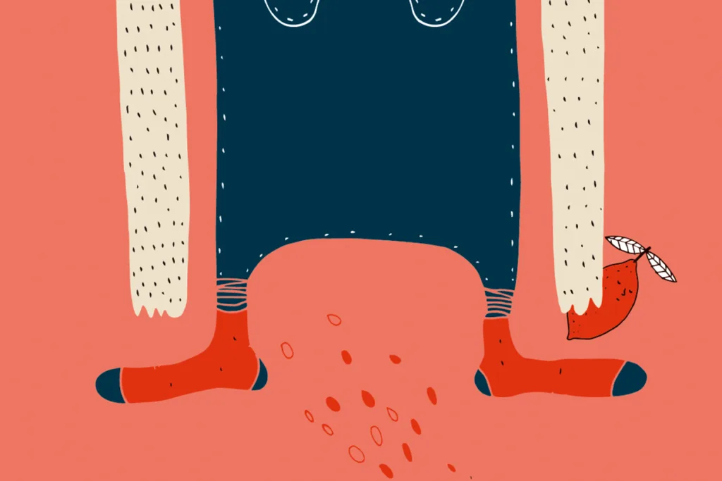 En finurlig illustration av en lång, blå, rektangulär figur med långa armar, röda strumpor, allt mot en persikofärgad bakgrund.