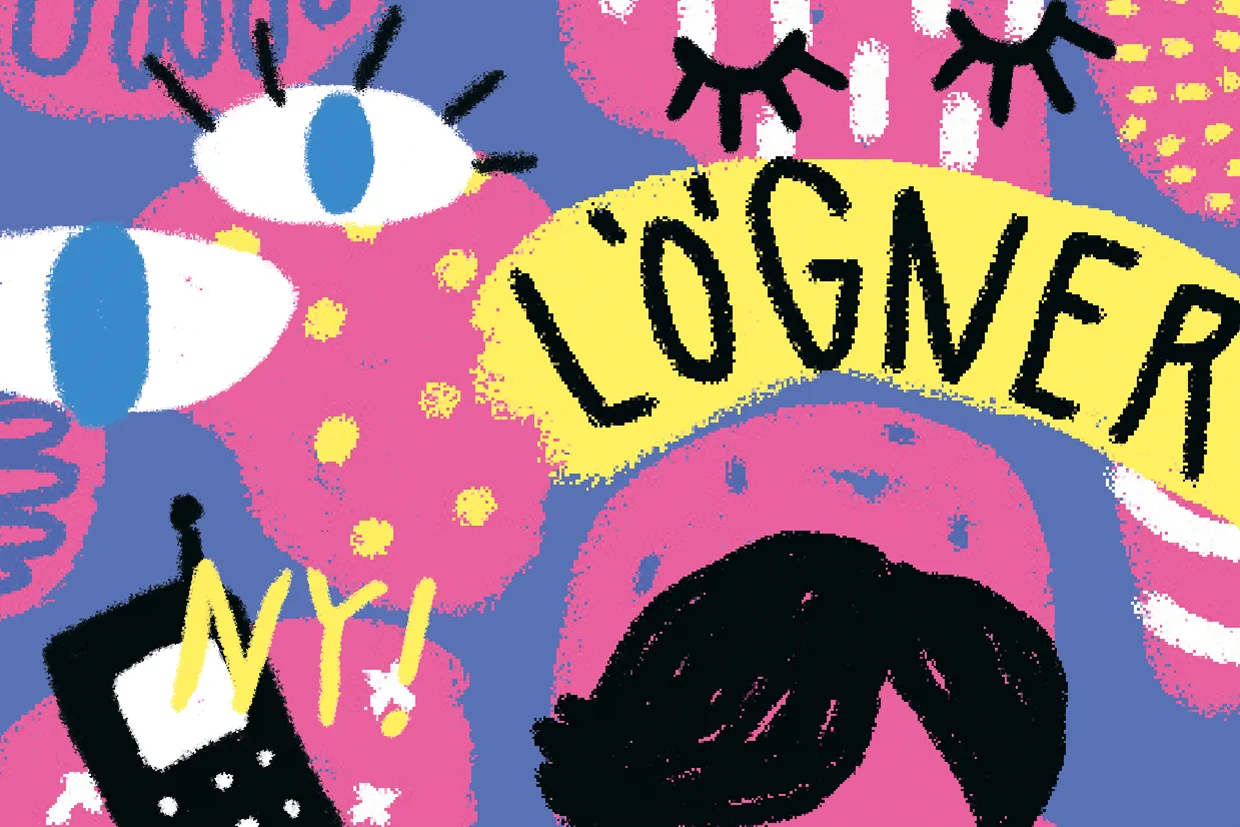 Färgglad, lekfull illustration med abstrakta ögon, en telefon och de svenska orden LÖGNER (lögner) i gult och NY! (ny!) i vitt. Bakgrunden består av rosa och blå mönster med ett partiellt huvud längst ner.