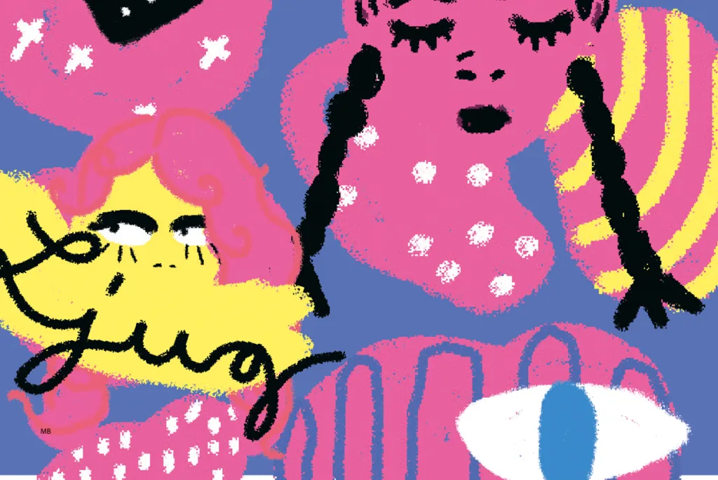 Färgstark abstrakt illustration med två rosa kvinnor med svart hår och slutna ögon, prickiga accenter, ett stort blått och vitt öga samt stiliserade gula former mot en blå bakgrund.