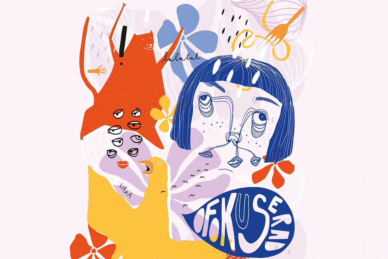 Färgstark abstrakt illustration med överlappande former, blommor och ett blåhårigt ansikte med överdrivna drag; innehåller orange, gula och blå element och ordet "FOKUSERA" i feta vita bokstäver på en blå form.