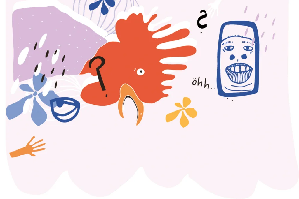 Abstrakt illustration med en röd, fågelliknande form, frågetecken, blå och gula blommor, ett blått maskliknande ansikte, en liten orange hand och texten "öh..." på en ljusrosa bakgrund.