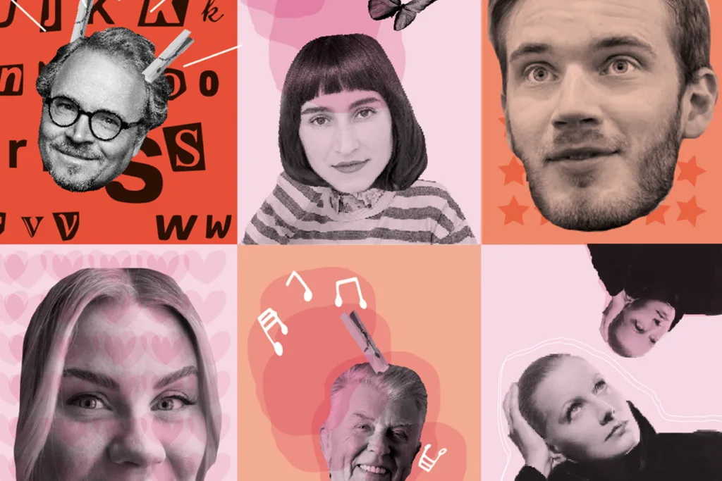 Ett collage med sex stiliserade porträtt på färgglada bakgrunder föreställer män och kvinnor med lekfulla grafiska element som musiknoter, hjärtan, fjärilar och bokstäver. Alla har svartvita ansikten med färgglada, illustrerade omgivningar.