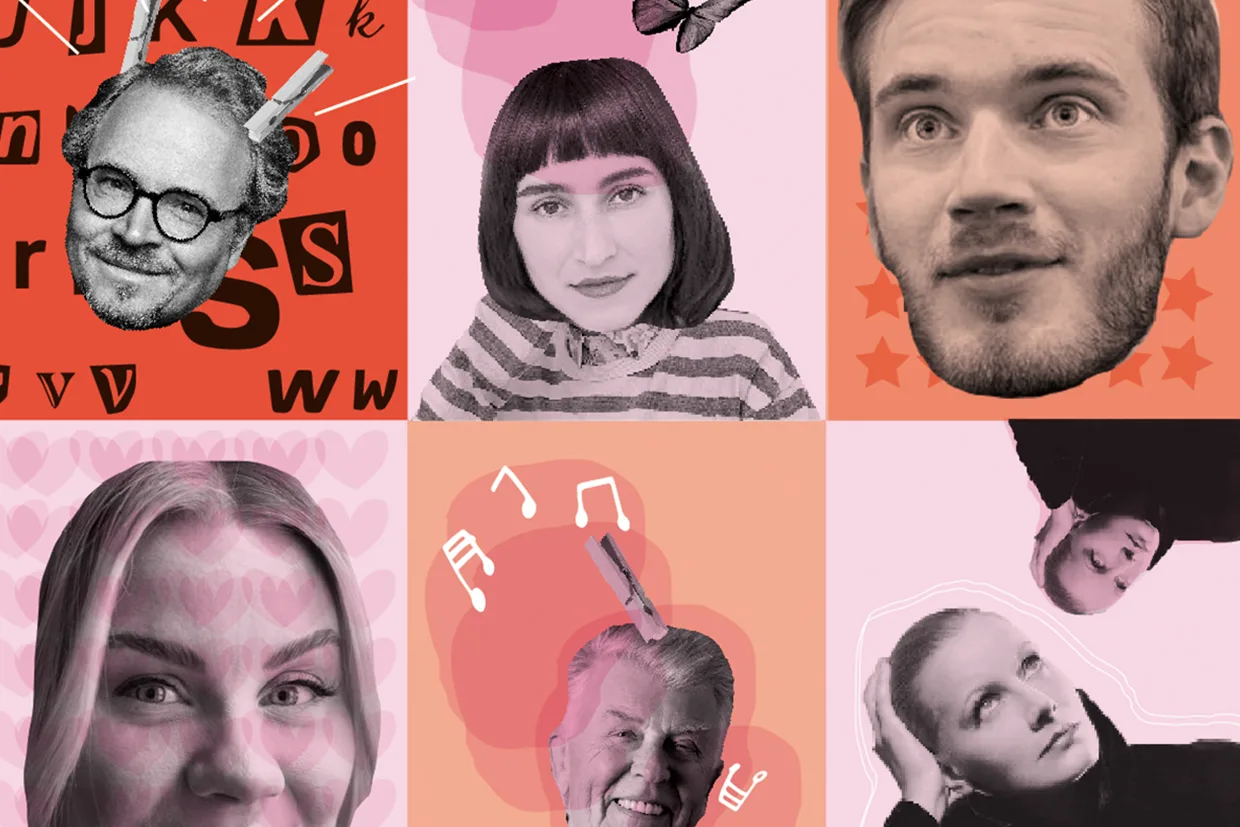 Ett collage med sex stiliserade porträtt på färgglada bakgrunder föreställer män och kvinnor med lekfulla grafiska element som musiknoter, hjärtan, fjärilar och bokstäver. Alla har svartvita ansikten med färgglada, illustrerade omgivningar.